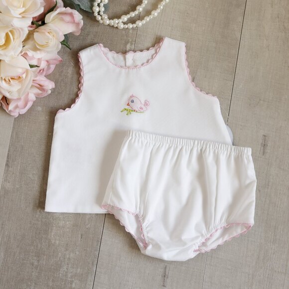 White and Pink Diaper Set Ric Rac Trim Hand Embroidery NWT - Picture 9 of 9